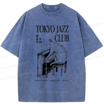 Tokyo-Tiger Cat Playing The Piano Washed T-Shirt