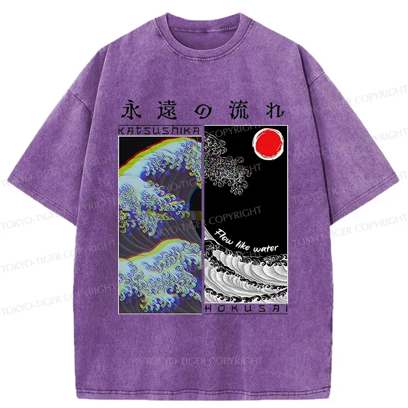 Tokyo-Tiger Ukiyo-e Wave Poster Washed T-Shirt