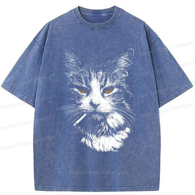 Tokyo-Tiger Handsome Cat Smoking Washed T-Shirt