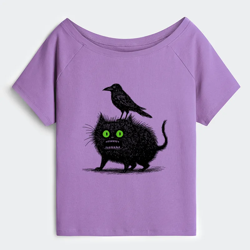 Tokyo-Tiger Crow And Black Cat Off Shoulder T-Shirt
