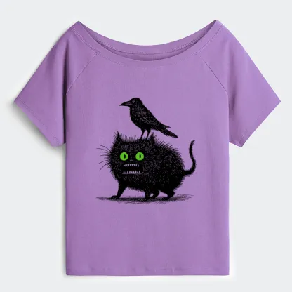 Tokyo-Tiger Crow And Black Cat Off Shoulder T-Shirt