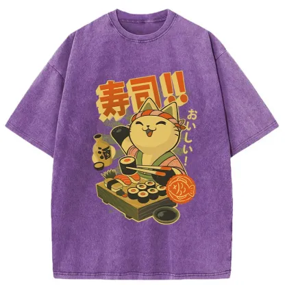 Tokyo-Tiger Cat Chef Special Sushi Washed T-Shirt