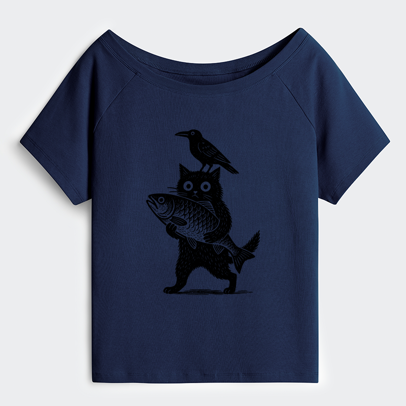 Tokyo-Tiger Black Animals Funny Off Shoulder T-Shirt