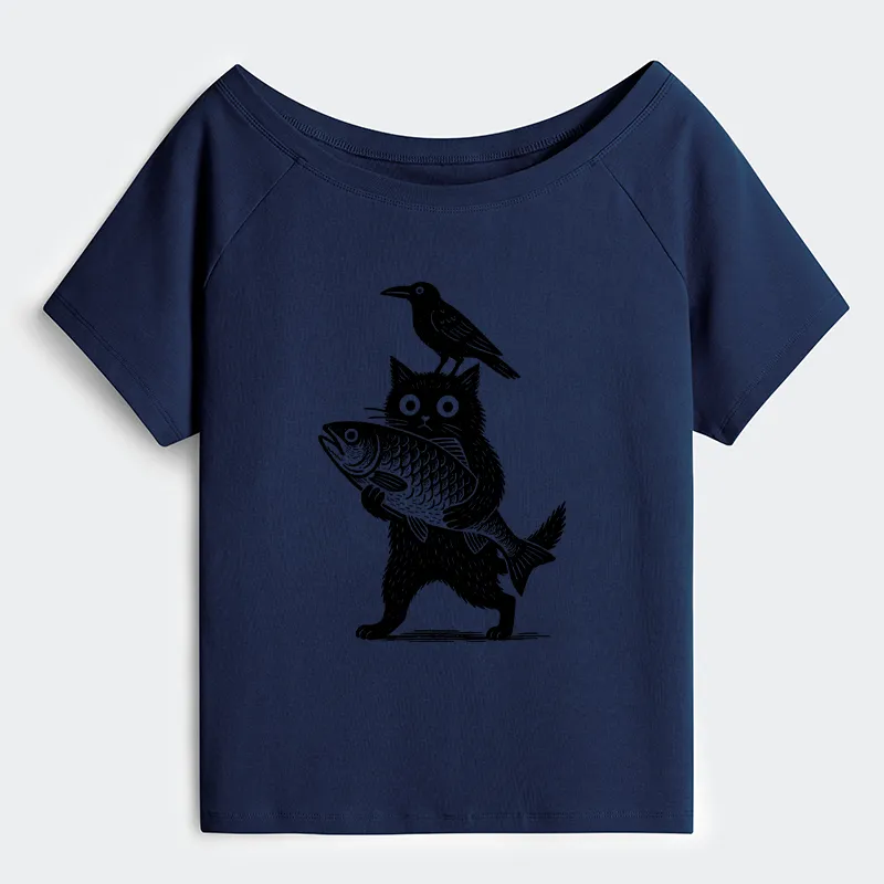 Tokyo-Tiger Black Animals Funny Off Shoulder T-Shirt