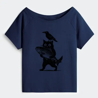 Tokyo-Tiger Black Animals Funny Off Shoulder T-Shirt