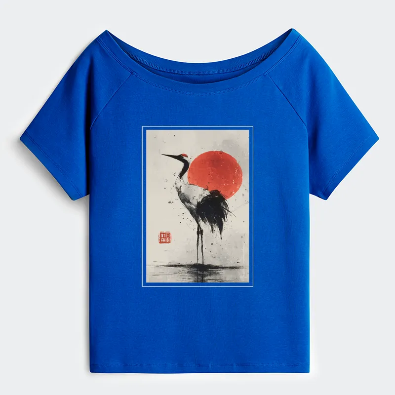 Tokyo-Tiger Retro Japanese Red-crowned Crane Off Shoulder T-Shirt