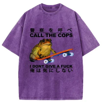 Tokyo-Tiger Funny Frog On Skateboard Washed T-Shirt