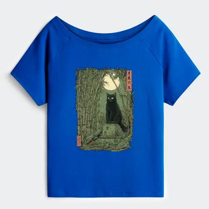 Tokyo-Tiger Black Cat In The Bamboo Forest Off Shoulder T-Shirt