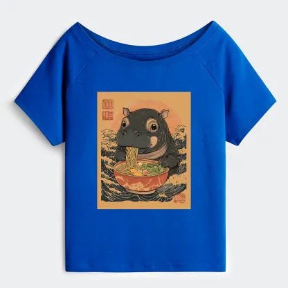 Tokyo-Tiger Moo Deng Eat Ramen Off Shoulder T-Shirt