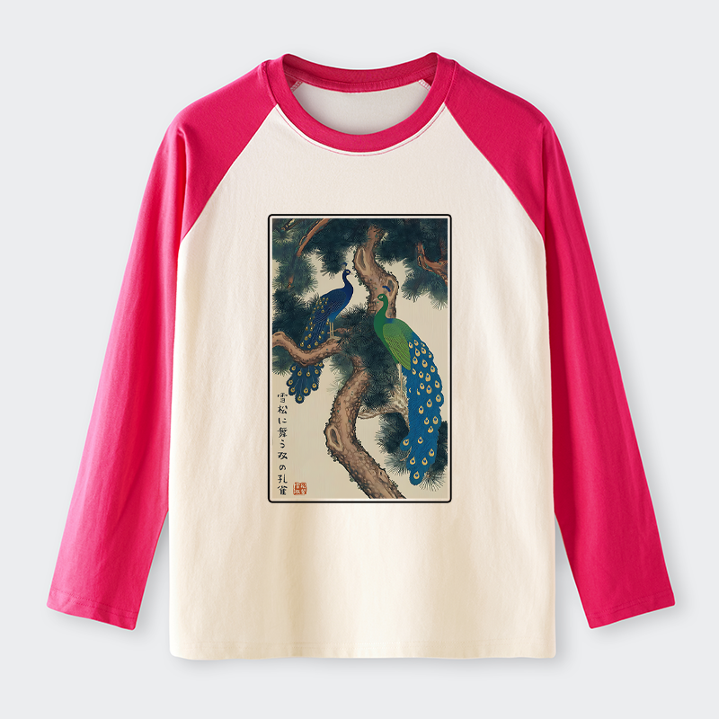 Tokyo-Tiger Peacocks In Snowy Pines Raglan Long Sleeve T-shirt