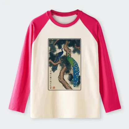 Tokyo-Tiger Peacocks In Snowy Pines Raglan Long Sleeve T-shirt