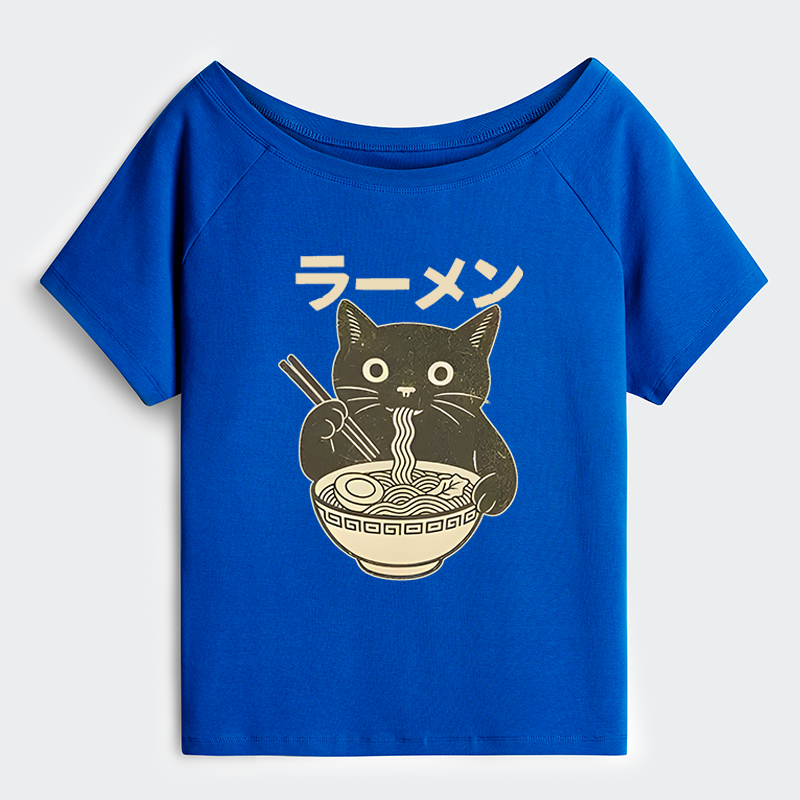 Tokyo-Tiger Simple Black Cat Eating Ramen Off Shoulder T-Shirt