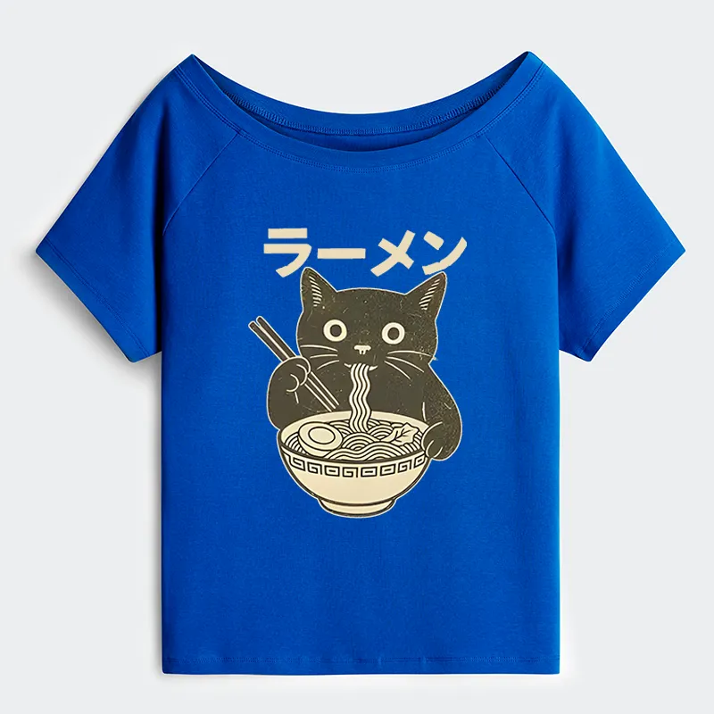 Tokyo-Tiger Simple Black Cat Eating Ramen Off Shoulder T-Shirt