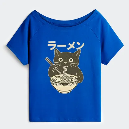 Tokyo-Tiger Simple Black Cat Eating Ramen Off Shoulder T-Shirt