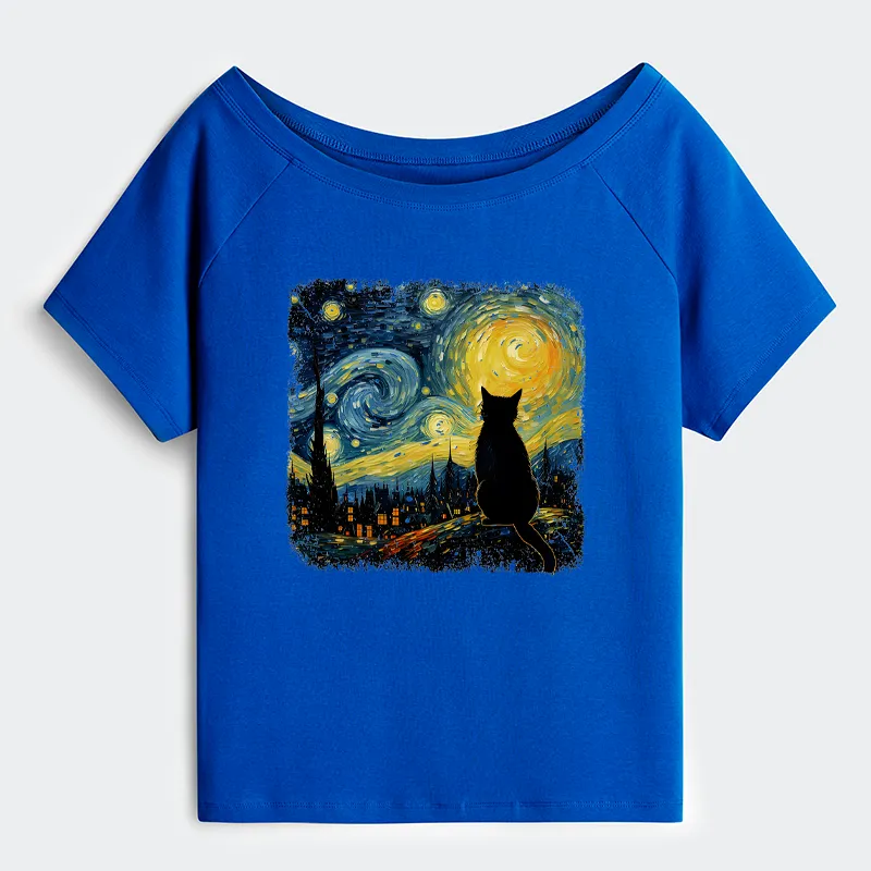 Tokyo-Tiger The Starry Night Cat Off Shoulder T-Shirt