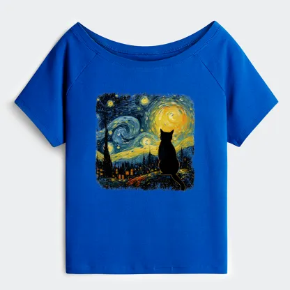Tokyo-Tiger The Starry Night Cat Off Shoulder T-Shirt