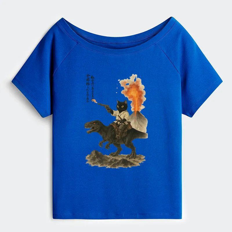 Tokyo-Tiger Cat Riding A Dinosaur Off Shoulder T-Shirt