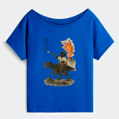 Tokyo-Tiger Cat Riding A Dinosaur Off Shoulder T-Shirt