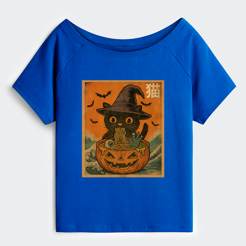 Tokyo-Tiger Halloween Cat Eating Ramen Off Shoulder T-Shirt
