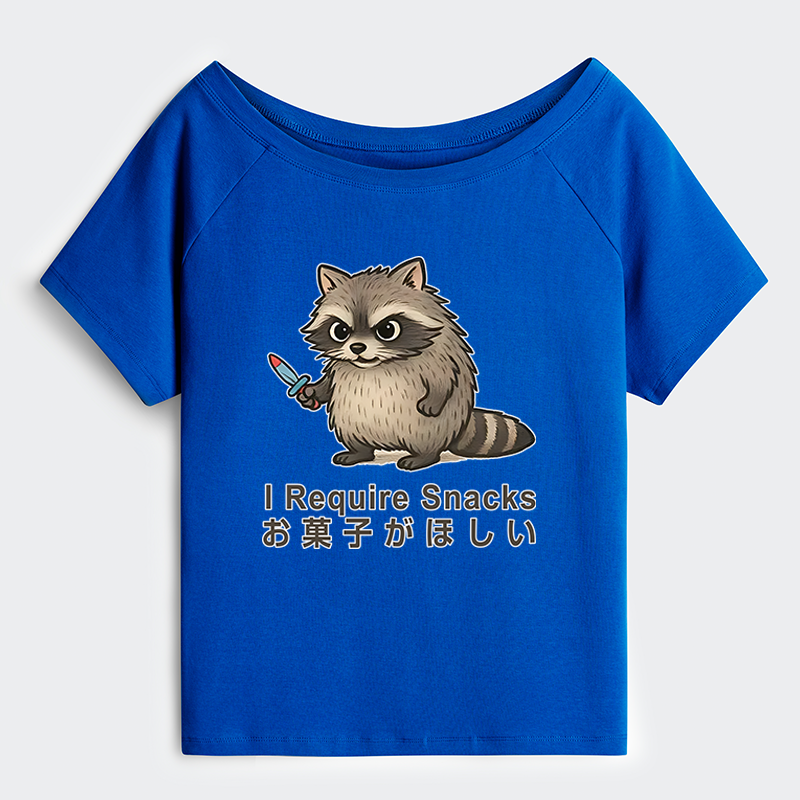 Tokyo-Tiger Raccoons Need Snacks Funny Off Shoulder T-Shirt
