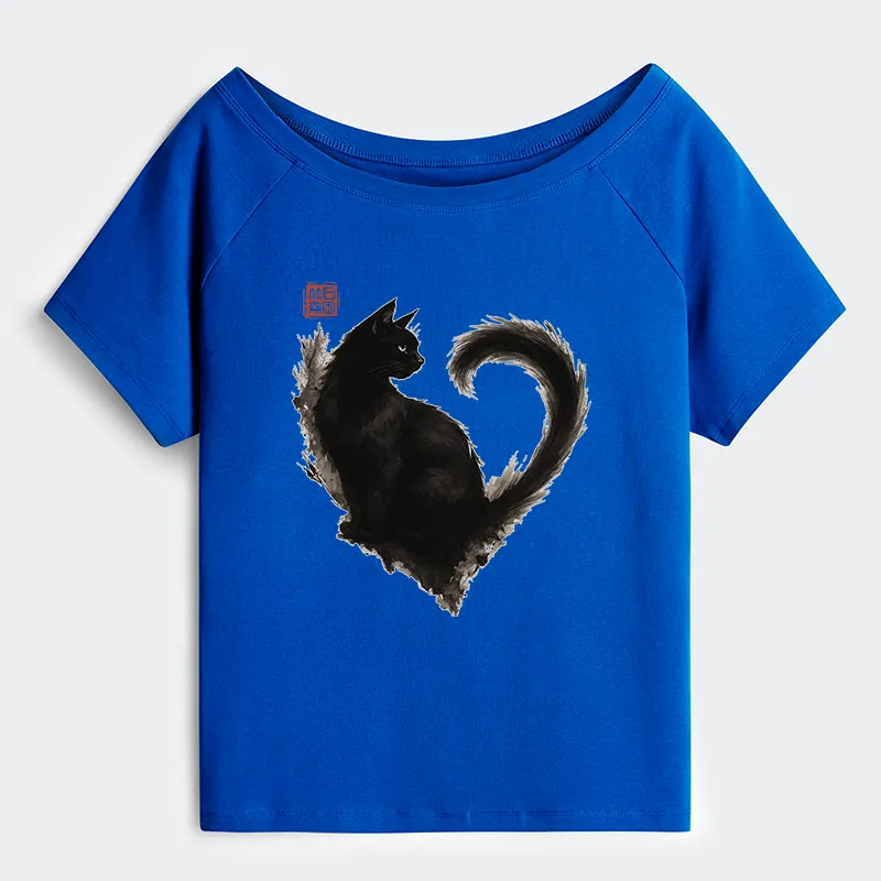 Tokyo-Tiger Funny Heart-Shaped Ink Off Shoulder T-Shirt
