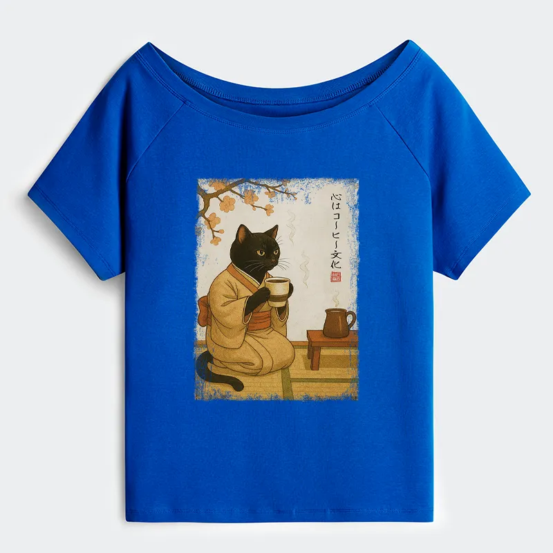 Tokyo-Tiger Cat Heart Full Of Coffee Off Shoulder T-Shirt