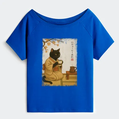 Tokyo-Tiger Cat Heart Full Of Coffee Off Shoulder T-Shirt
