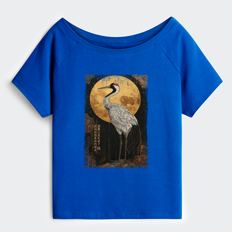 Tokyo-Tiger Vintage Japanese Crane Kanji Off Shoulder T-Shirt