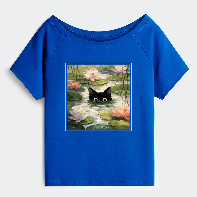 Tokyo-Tiger Black Cat and Lotus Flower Off Shoulder T-Shirt