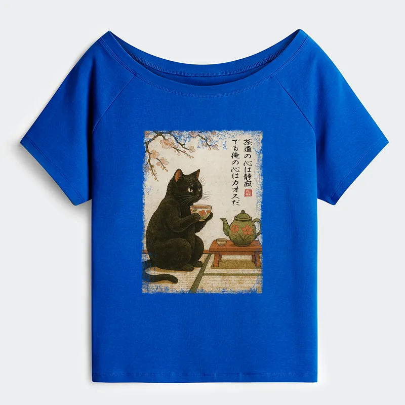 Tokyo-Tiger Tea Time With A Black Cat Off Shoulder T-Shirt