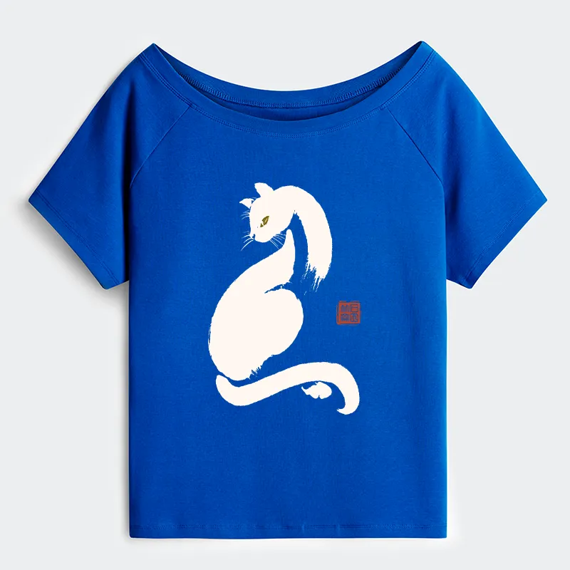 Tokyo-Tiger Elegant Black Cat Japan Off Shoulder T-Shirt