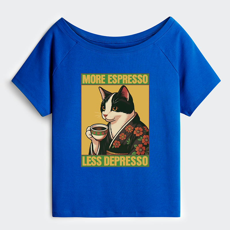 Tokyo-Tiger Tuxedo Cat Drinking Coffee Off Shoulder T-Shirt