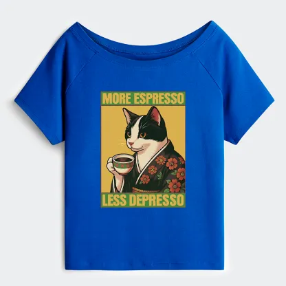 Tokyo-Tiger Tuxedo Cat Drinking Coffee Off Shoulder T-Shirt