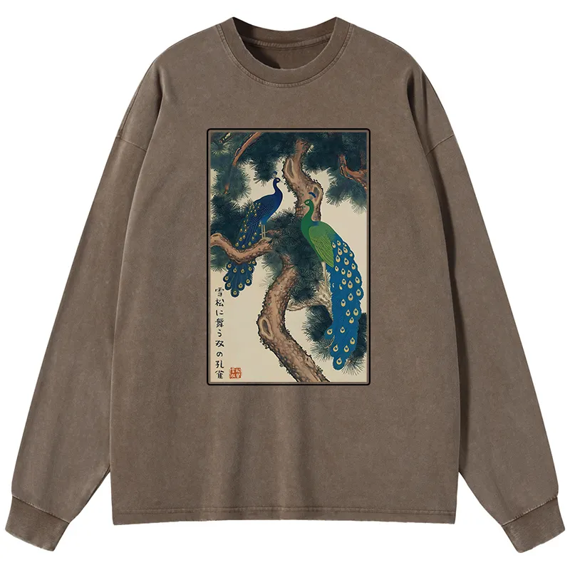 Tokyo-Tiger Peacocks in Snowy Pines Washed Long Sleeve T-Shirt