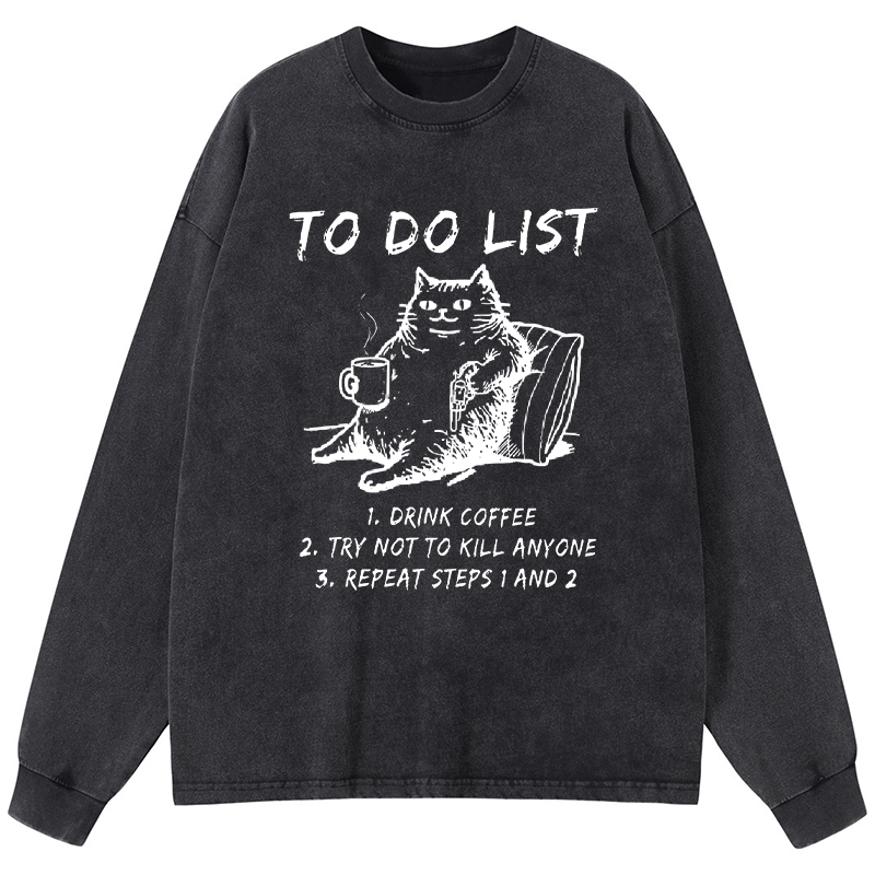 Tokyo-Tiger Cat's To-Do List Washed Long Sleeve T-Shirt