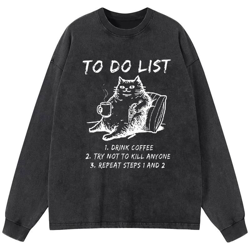 Tokyo-Tiger Cat's To-Do List Washed Long Sleeve T-Shirt