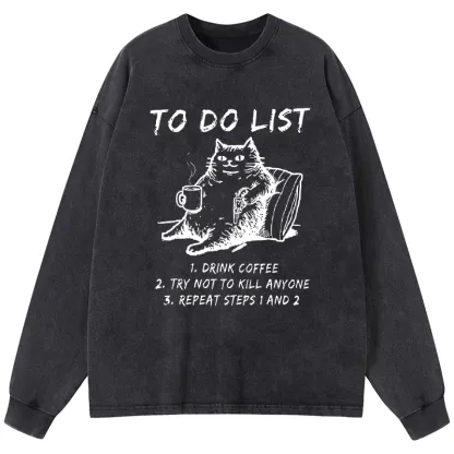 Tokyo-Tiger Cat's To-Do List Washed Long Sleeve T-Shirt