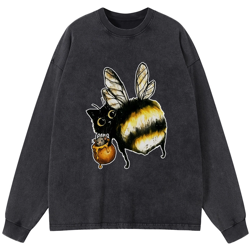 Tokyo-Tiger Cute Catbee Butt Washed Long Sleeve T-Shirt