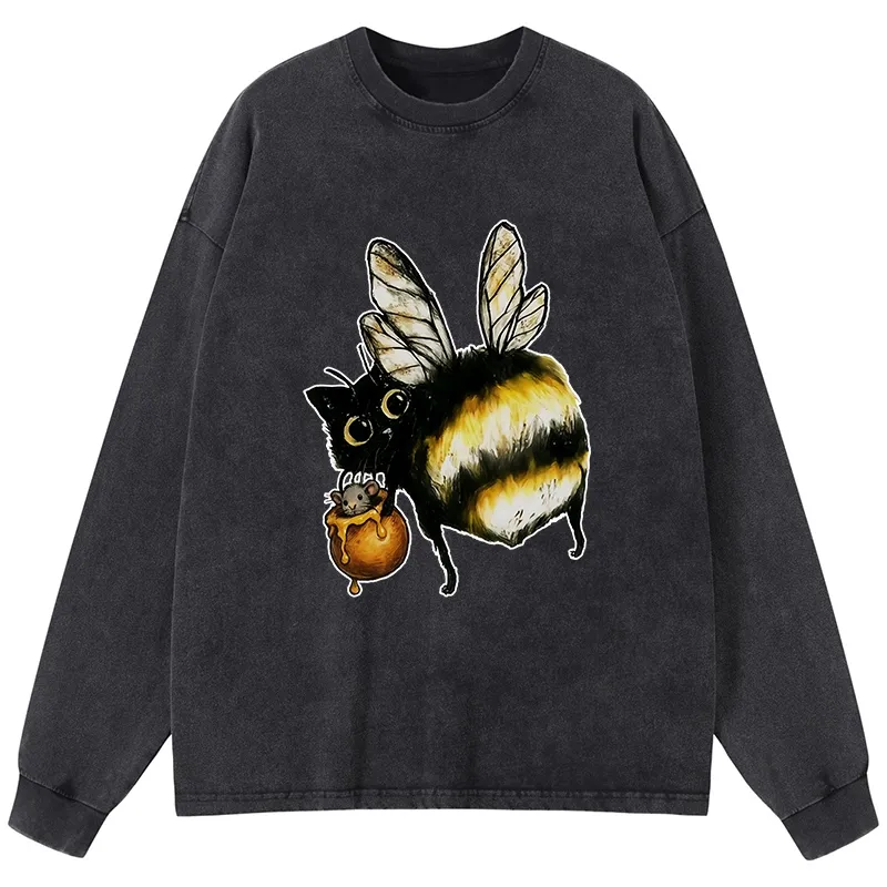 Tokyo-Tiger Cute Catbee Butt Washed Long Sleeve T-Shirt