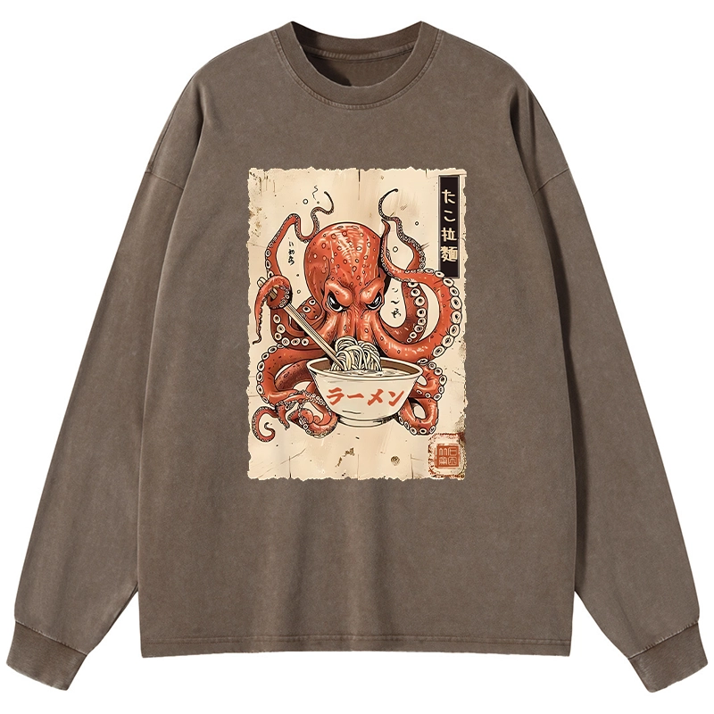 Tokyo-Tiger Retro Octopus Eating Ramen Washed Long Sleeve T-Shirt