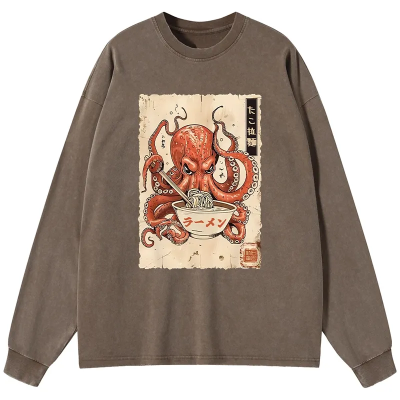 Tokyo-Tiger Retro Octopus Eating Ramen Washed Long Sleeve T-Shirt
