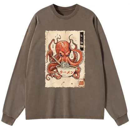 Tokyo-Tiger Retro Octopus Eating Ramen Washed Long Sleeve T-Shirt