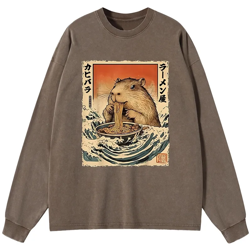 Tokyo-Tiger Hamster Eating Ramen Washed Long Sleeve T-Shirt