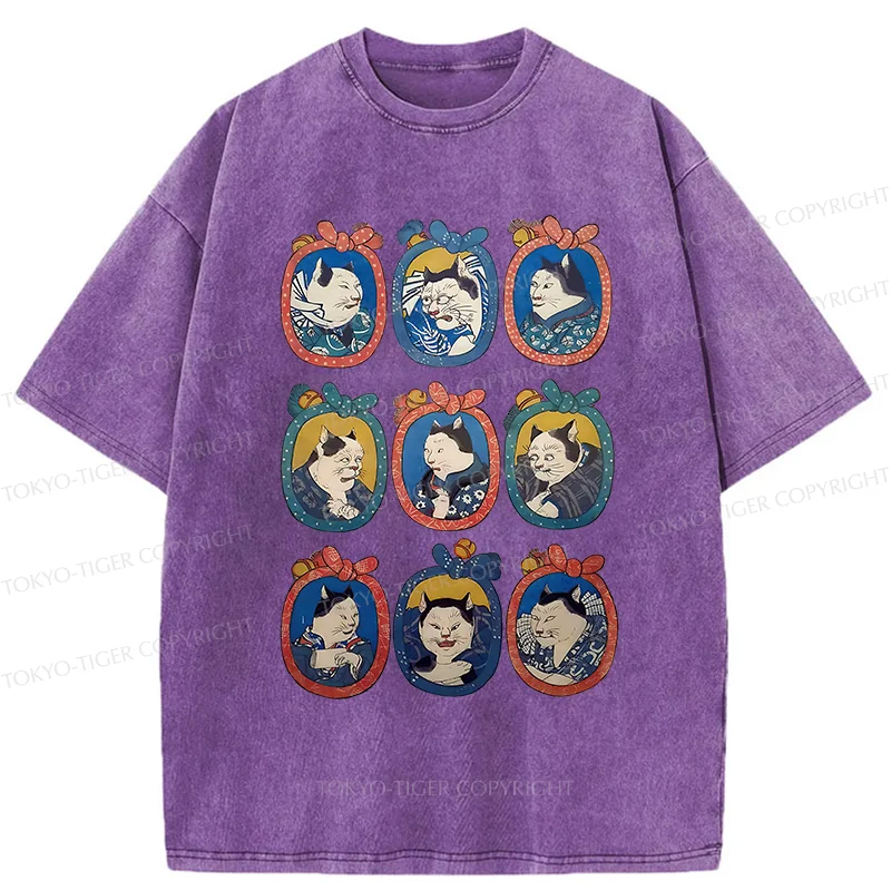 Tokyo-Tiger Ukiyo-e Cat Portrait Washed T-Shirt