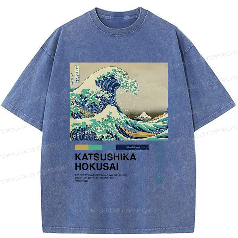 Tokyo-Tiger Japanese Ukiyo-e Waves Washed T-Shirt