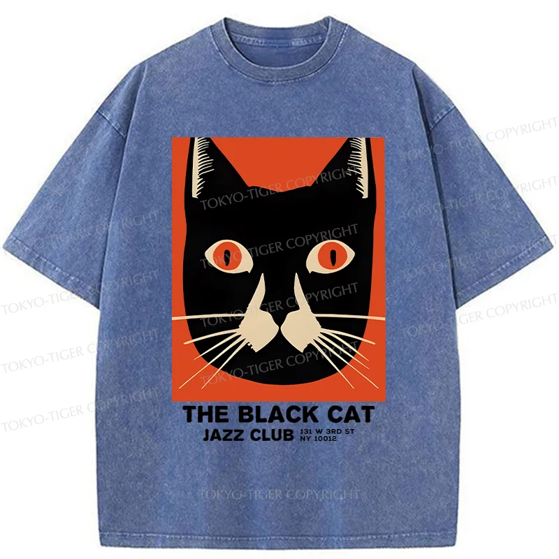 Tokyo-Tiger Minimalist Black Cat Washed T-Shirt