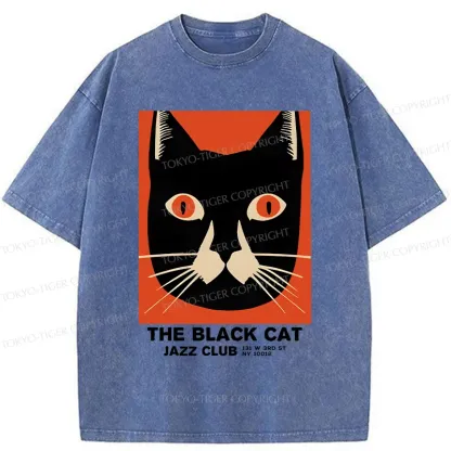 Tokyo-Tiger Minimalist Black Cat Washed T-Shirt