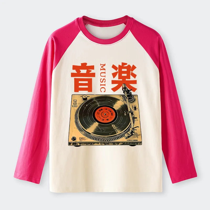 Tokyo-Tiger Retro Music Record Player Raglan Long Sleeve T-shirt