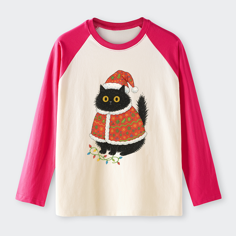 Tokyo-Tiger Cat Wearing Santa Hat Raglan Long Sleeve T-shirt