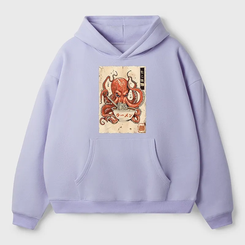 Tokyo-Tiger Retro Octopus Eating Ramen Aldult Fleece Hoodie